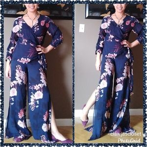 Matching Floral Wide leg pants & Wrap Around Top